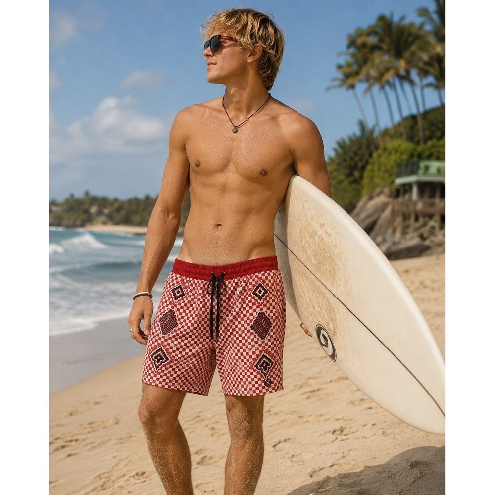 Roark Shorey Shorts Men's M Red Diamond Checkered Mosaic Hemp Waist Boardshorts